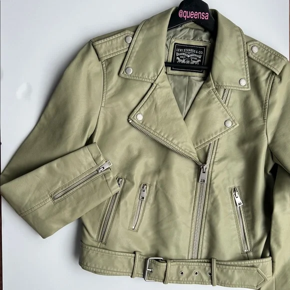 NWT Levi’s Faux Leather Belted Moto Jacket - Sage Green Size S - Picture 5 of 16
